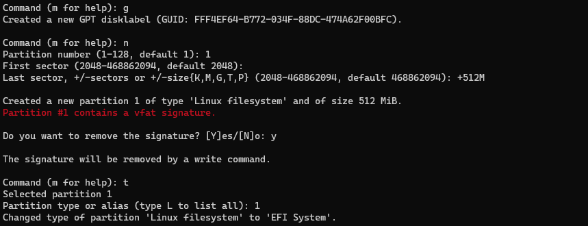commands needed to create EFI partition using fdisk tool