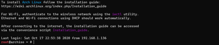 First screen after successfully booting Arch Linux Live OS