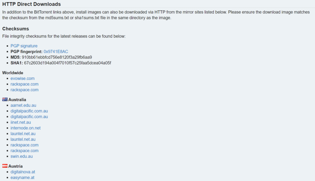 Arch Linux download page with HTTP direct downloads mirrors