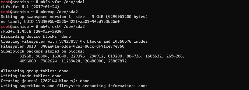 format partitions with vfat swap and ext4 file system