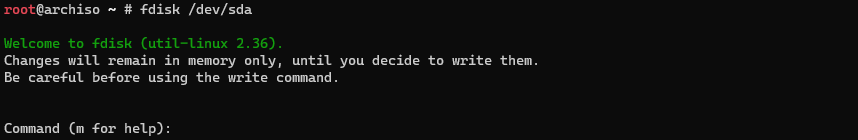 entering into change mode with fdisk for /dev/sda device