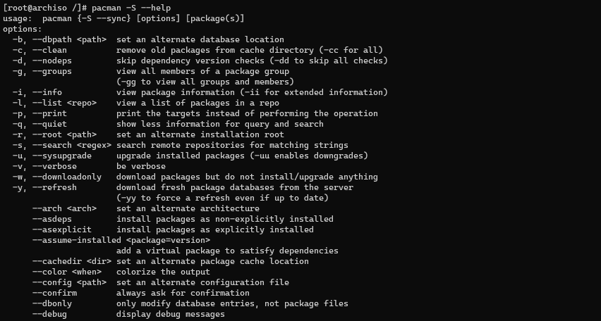 result of pacman -S –help