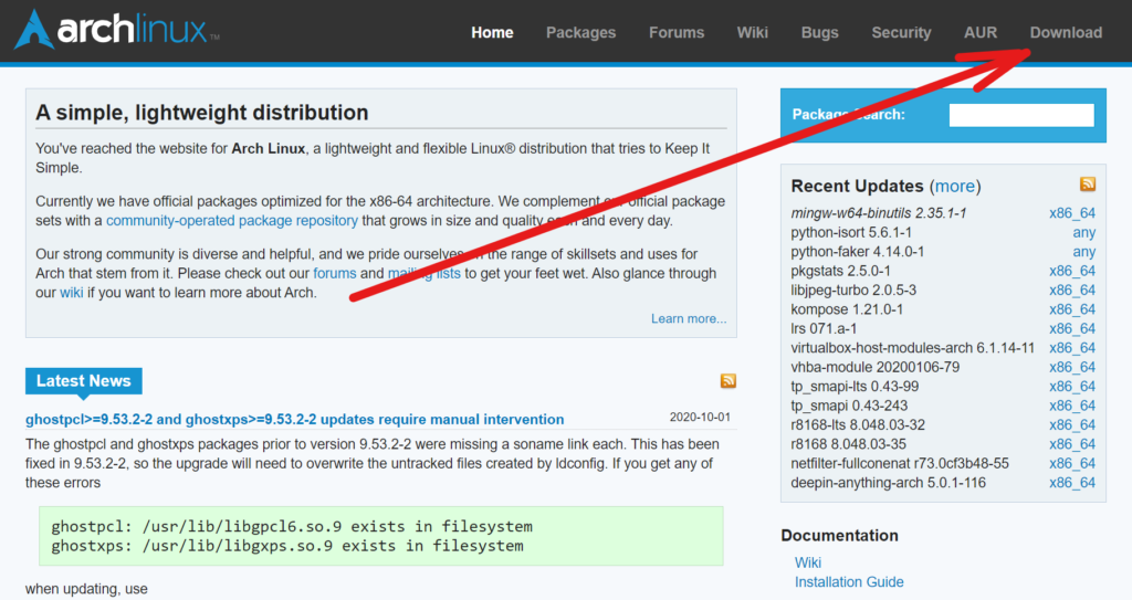screenshot showing link to Arch Linux download page