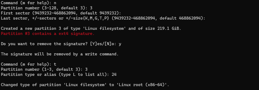 commands needed to create ROOT partition using fdisk tool