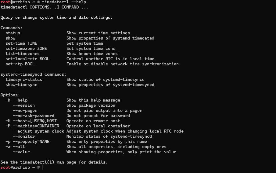 result of running timedatectl –help commnad