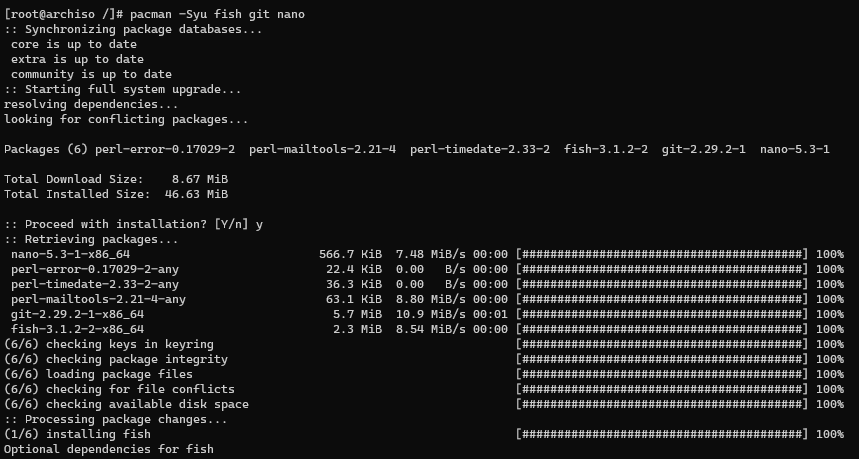 result of pacman -Syu fish git nano