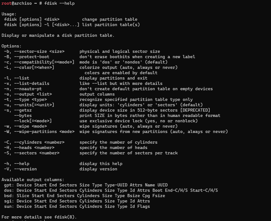 fdisk –help result
