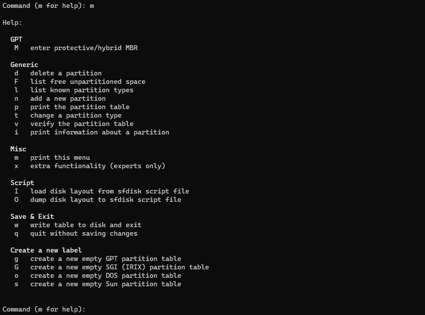 result of m command in fdisk