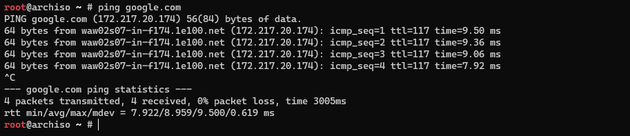results of command ping google.com after terminating with CTRL+C